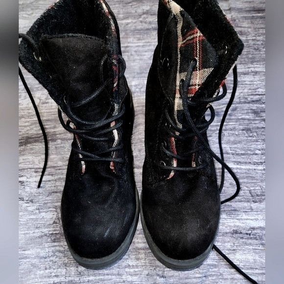 Rock & Candy Black Ankle Boots Plaid Lined Lace‎ Up Chunky Heel Grunge - Picture 8 of 11